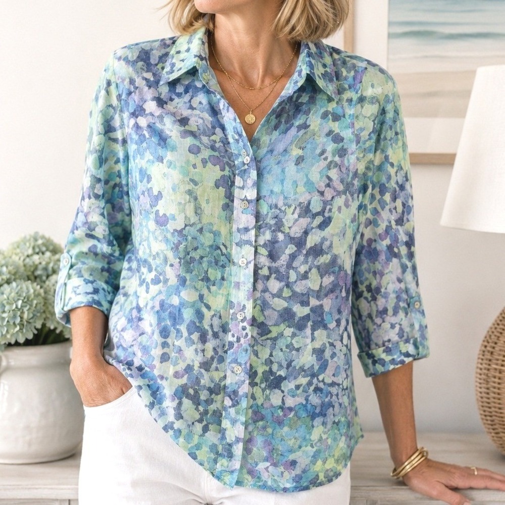 Coldwater Creek‎ Linen Silk Blend Watercolor Button Front Shirt XS Blue Green